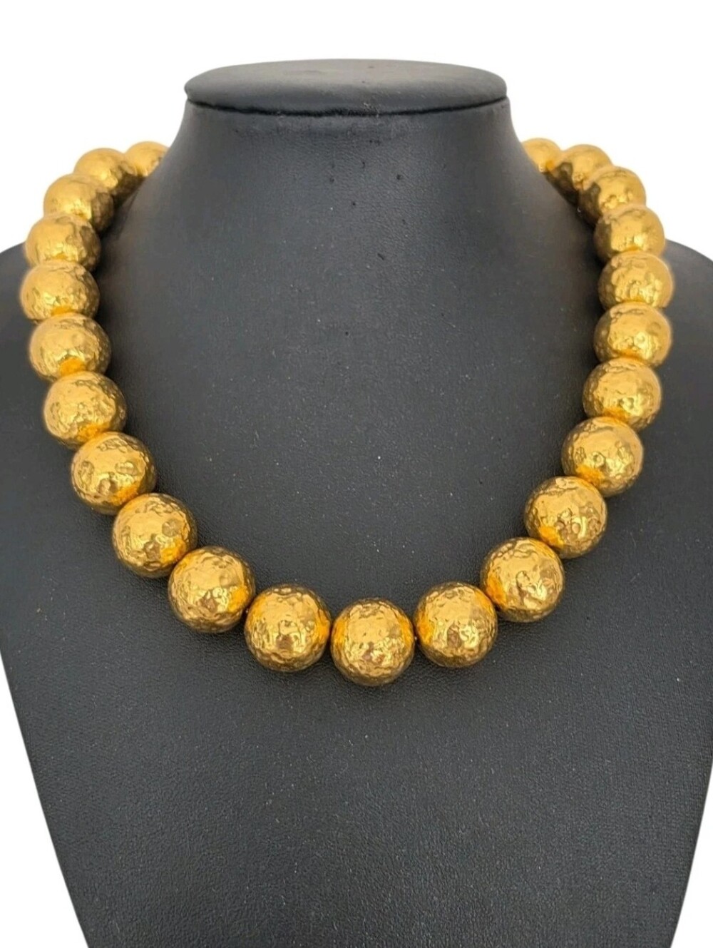 Vintage Anne Klein Signed Goldtone Hammered Ball Bead Chunky Necklace Statement